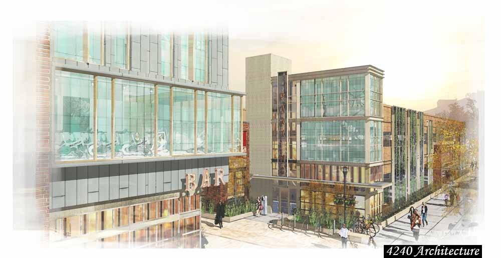 Artistic rendering of The Elizabeth Hotel exterior. Modern, mostly glass building.